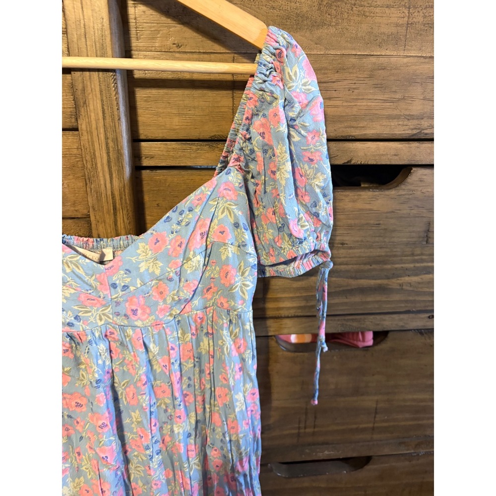 Olivaceous Blue Pink Floral Puff Sleeve Mini Dress Smocked Back L S#2300-672LDJ - Picture 4 of 6